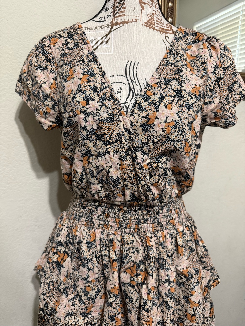 Floral V-Neck Smocked Waist Dress - Black & Peach